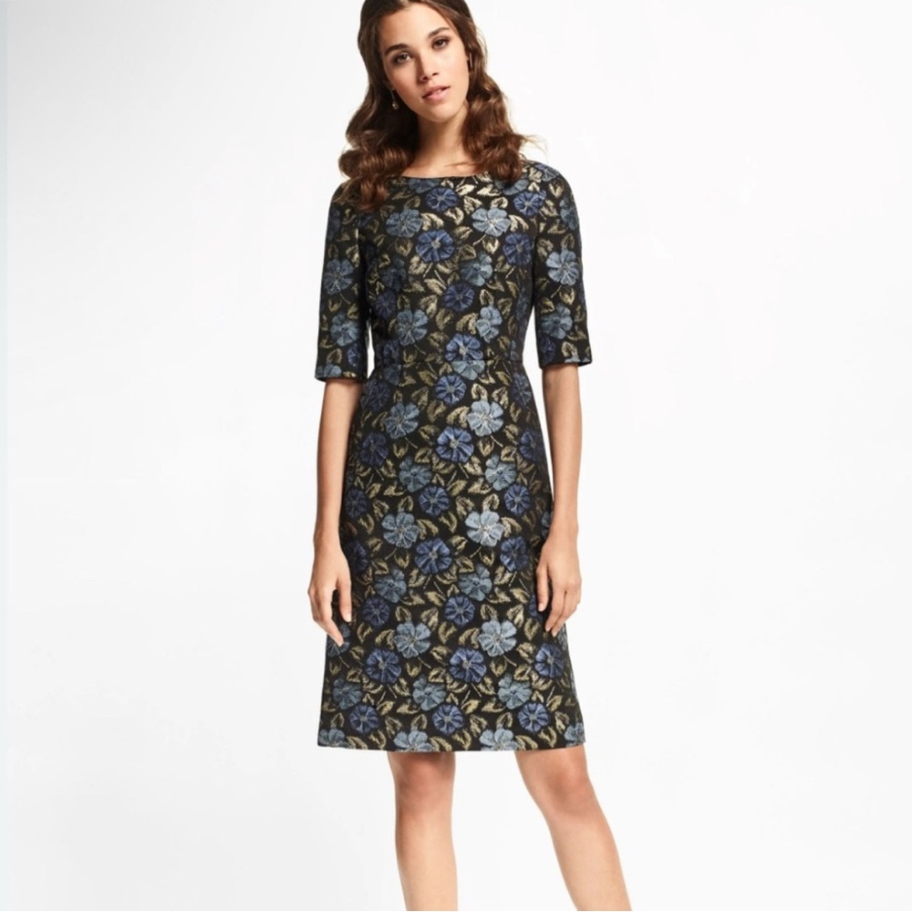 BROOKS BROTHERS Floral Brocade Shift Dress w Sleeves Blue Gray Like New